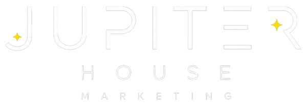 White outline logo text reading 'JUPITER HOUSE MARKETING' with two small yellow sparkle accents on a black background.