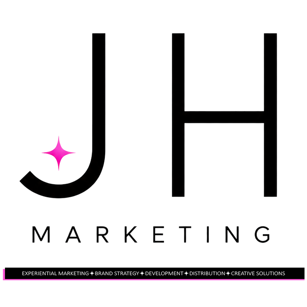 A minimalist logo featuring the letters 'JH' in bold black, with a small pink sparkle accent on the 'J'. Below, the word 'MARKETING' appears in black sans-serif text.