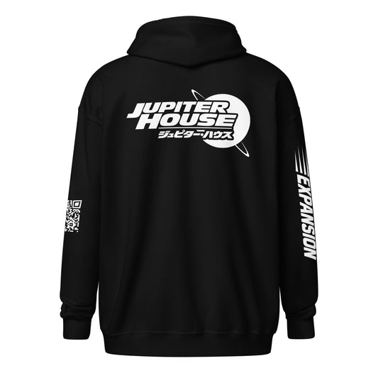 Black Jupiter House zip-up hoodie, back view, featuring the white Jupiter House logo, a QR code, and “EXPANSION” sleeve graphics.