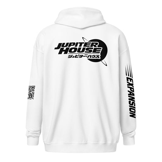 White Jupiter House zip-up hoodie, back view, featuring the white Jupiter House logo, a QR code, and “EXPANSION” sleeve graphics.